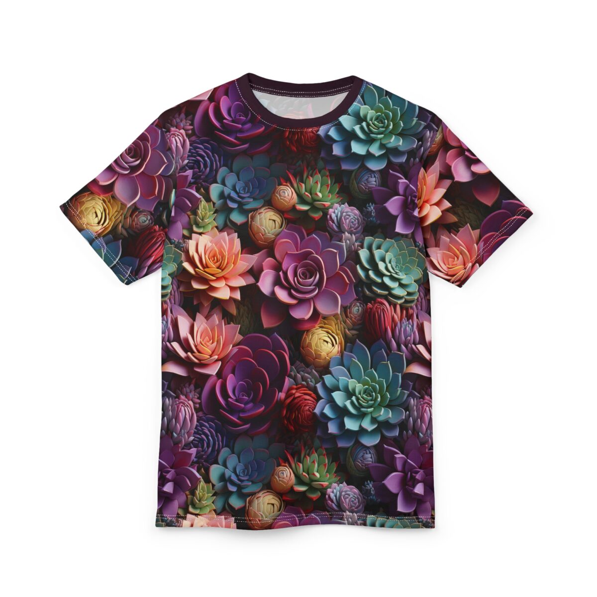 Vibrant purples, blues, greens, and oranges depict a dense arrangement of lush succulents, filling the entire surface of the t-shirt.