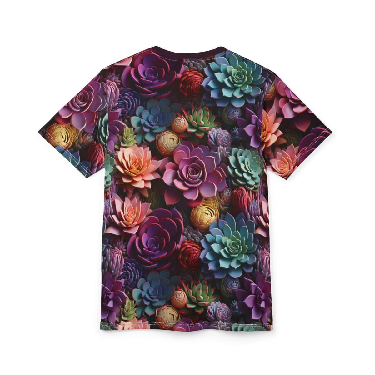 All over print t-shirt showcasing a vibrant, seamless garden of multicolored succulents in shades of pink, purple, teal, and yellow.