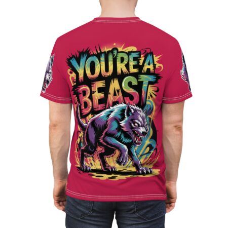 Vibrant graffiti-style text and a fierce, multi-colored wolf fill this sublimation graphic tee.
