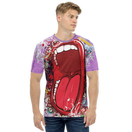 Purple splatters, swirls of red, white, and blue lines cover this graphic streetwear tee, featuring a large, open red mouth with white teeth and a red tongue.