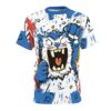 White all over print t-shirt features a blue, white, and red abstract graphic with a large, aggressive cartoon cat character prominently displayed.