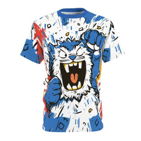 White all over print t-shirt features a blue, white, and red abstract graphic with a large, aggressive cartoon cat character prominently displayed.