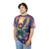 Vibrant rainbow wings, a woman in a green dress, and colorful flowers adorn this t-shirt, set against a mystical forest background with a sunburst.
