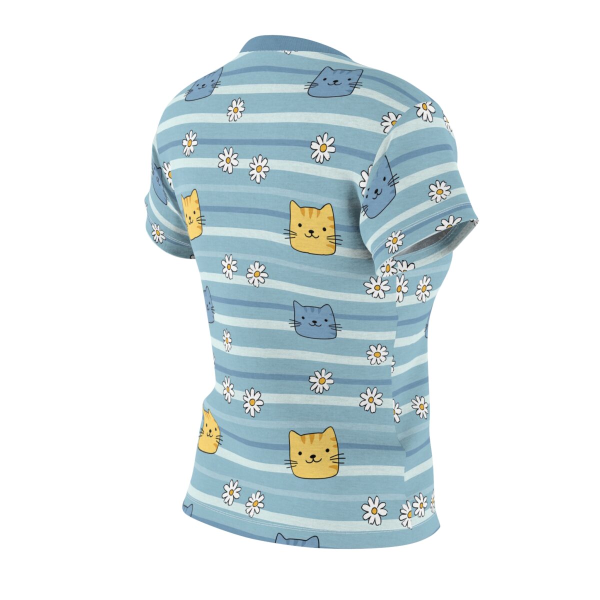 Blue striped t-shirt, all over print, featuring cartoon cat faces, small white daisies. Seamless print, sublimation tee.
