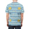 Blue and white horizontal stripes with yellow and blue cat faces and white daisies cover this seamless pattern tee for a playful vibe.