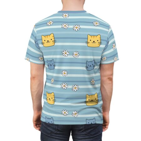 Blue and white horizontal stripes with yellow and blue cat faces and white daisies cover this seamless pattern tee for a playful vibe.