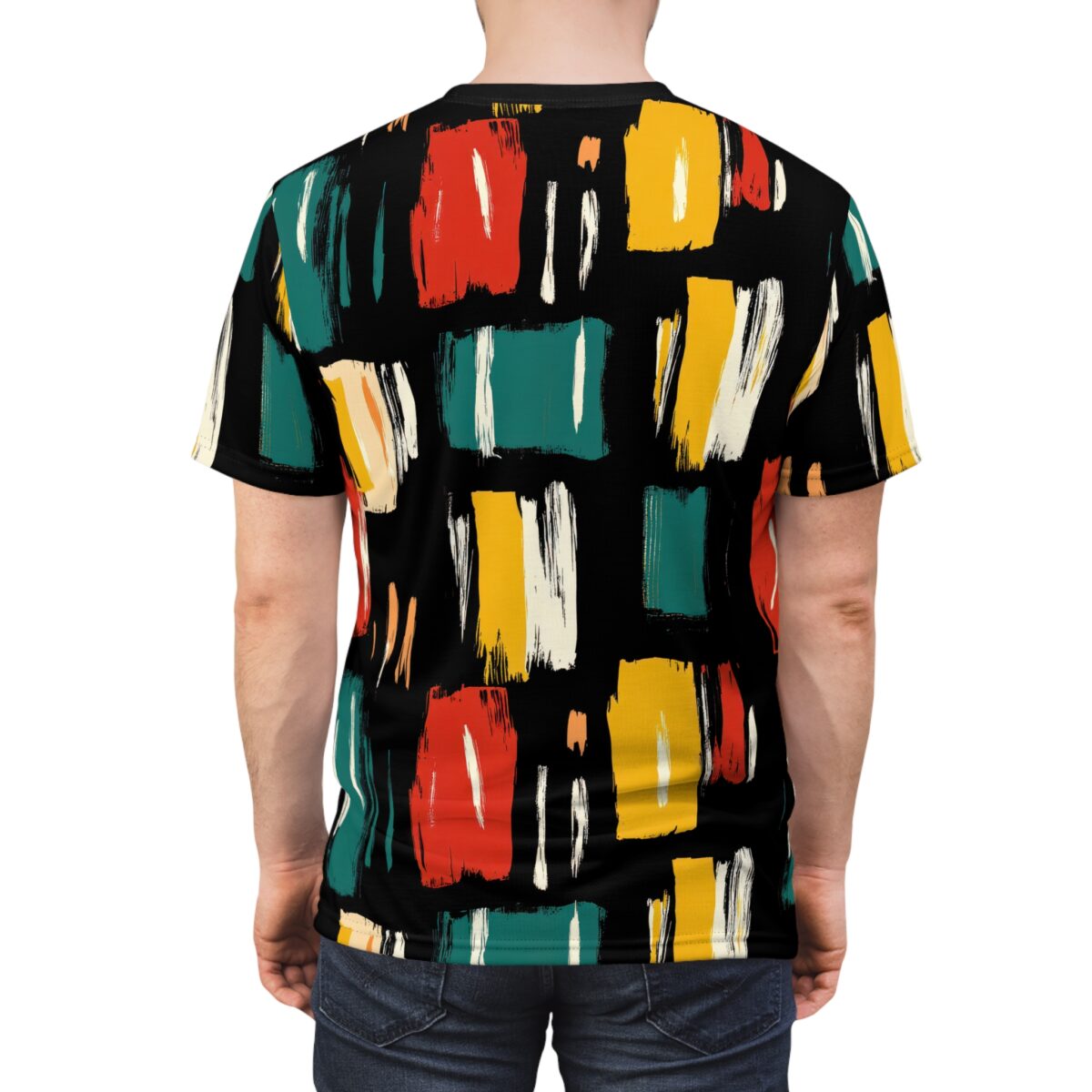 Bold red, teal, yellow, and white brush strokes on a black background cover this full print shirt, creating an abstract, energetic pattern.