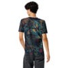Teal, orange, and pink floral patterns cover this sublimation graphic tee, depicting a cat's face with yellow eyes.