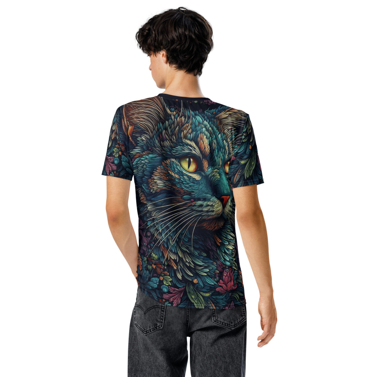 Teal, orange, and pink floral patterns cover this sublimation graphic tee, depicting a cat's face with yellow eyes.