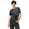 Teal, gold, and multi-colored abstract cat face and floral patterns cover this all over print apparel.