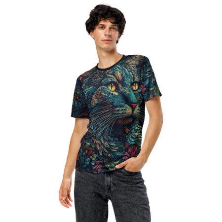 Teal, gold, and multi-colored abstract cat face and floral patterns cover this all over print apparel.