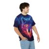 Fiery reds, blues, and purples cover this graphic streetwear tee, depicting a wolf's face with glowing eyes surrounded by cosmic smoke.