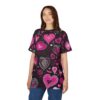 Hot pink, white, and black hearts of various sizes and styles cover this sublimation graphic tee, with swirling lines and dots.