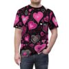 Pink and white sketched hearts and doodles on a black background cover this 3D graphic t-shirt.