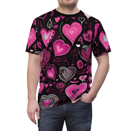 Pink and white sketched hearts and doodles on a black background cover this 3D graphic t-shirt.
