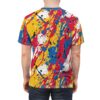 Yellow, red, blue, and white paint splatters with black accents cover this full print shirt, creating a dynamic, abstract art design.