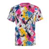 Splatters of pink, yellow, and blue paint with black ink lines cover this all over print t-shirt, creating a chaotic abstract art design.