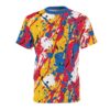 Bold yellow, red, and blue paint splatters with black and white accents cover this 3D graphic t-shirt, creating a dynamic, abstract art design.