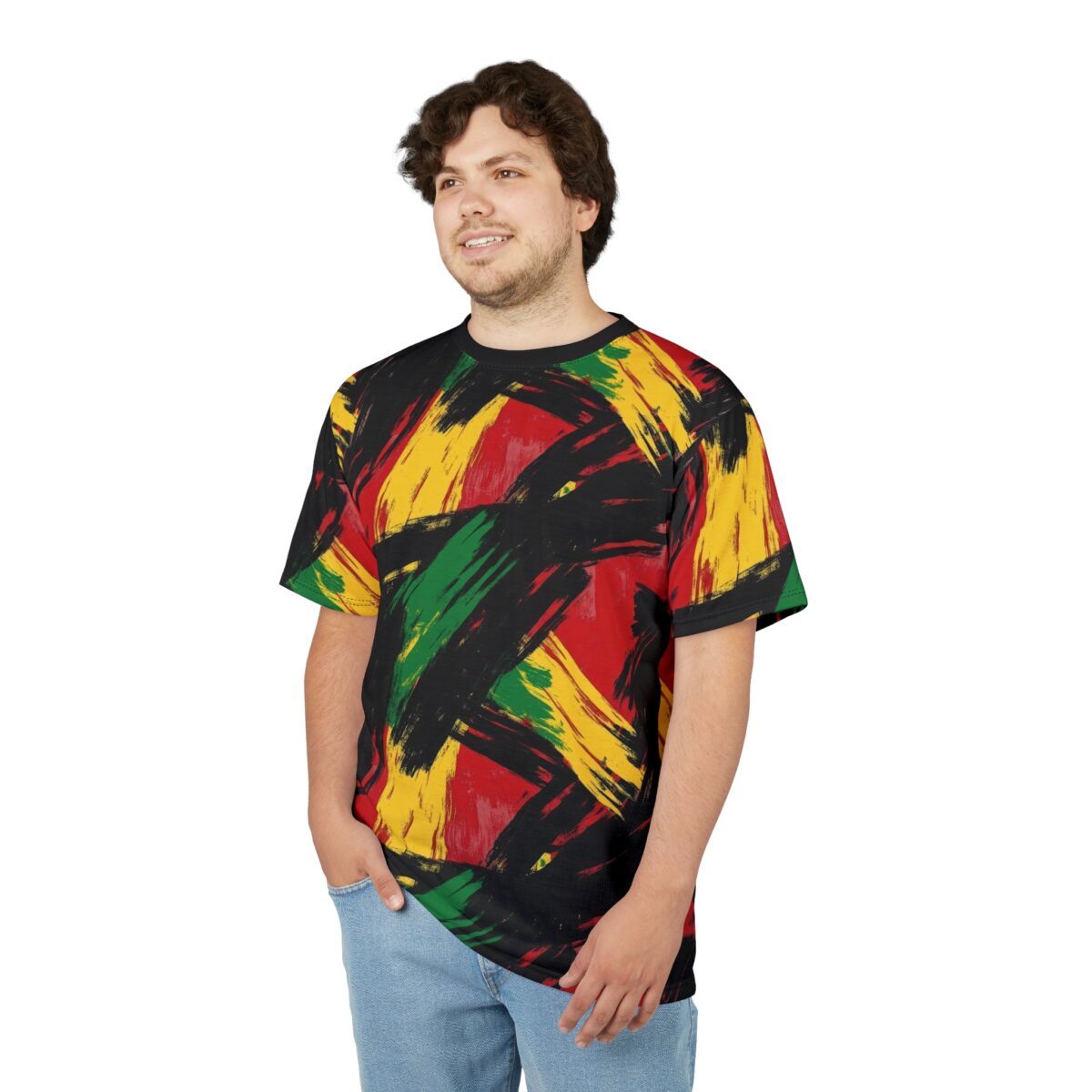 Bold red, yellow, green, and black brush strokes cover this 3D graphic t-shirt, creating a vibrant, abstract pattern.