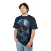Cyber grunge all over print t-shirt featuring a detailed skull graphic with electric blue accents and digital code.