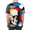 All over print t-shirt featuring a striking graphic of a skull with red and blue accents on a bold, abstract background. The seamless print wraps around the entire garment.