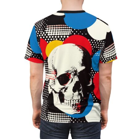 All over print t-shirt featuring a striking graphic of a skull with red and blue accents on a bold, abstract background. The seamless print wraps around the entire garment.