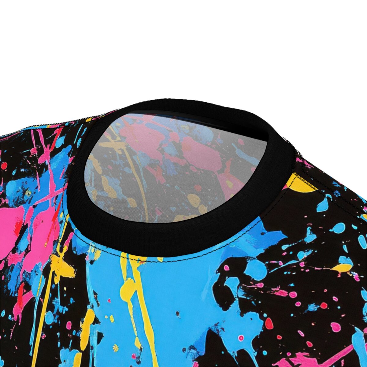 Black all over print tee, vibrant neon splatter graphic, blue, pink, yellow paint splashes, crew neck.