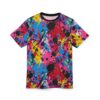 Bold splashes of pink, blue, red, yellow, purple, and black cover this all over print t-shirt, with energetic paint splatters and drips.