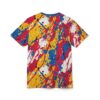 Bold yellow, red, and blue paint splatters with black and white accents cover this 3D graphic t-shirt, creating an abstract art design.