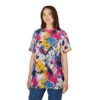 Splatters of pink, yellow, blue, and black paint create a dynamic abstract design across this full print tee.