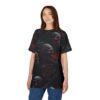 Dark grey and fiery red skulls with glowing eyes and gnarled branches cover this all over print apparel, a macabre scene of skeletal figures intertwined with shadowy tendrils.