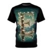 Green and beige tones cover this patterned tee shirt, featuring a large letter "E" intertwined with vines and white blossoms, set against a serene landscape.