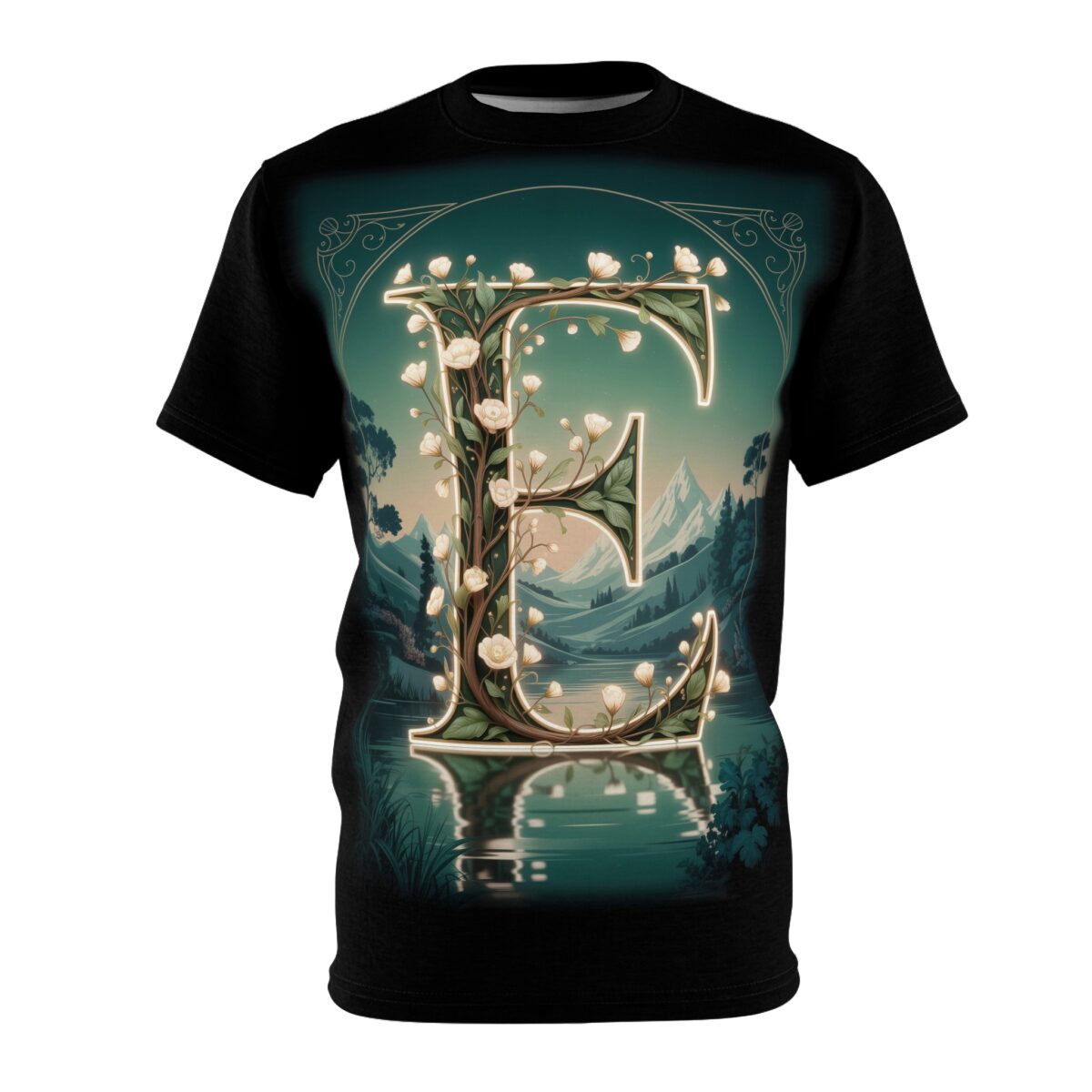 Green and beige tones cover this patterned tee shirt, featuring a large letter "E" intertwined with vines and white blossoms, set against a serene landscape.