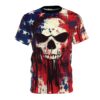 A short-sleeve crew neck t-shirt featuring an all-over grunge American flag and skull graphic print.