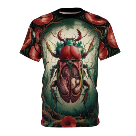 Red and green anatomical beetle design with poppies and forest background cover this graphic streetwear tee.