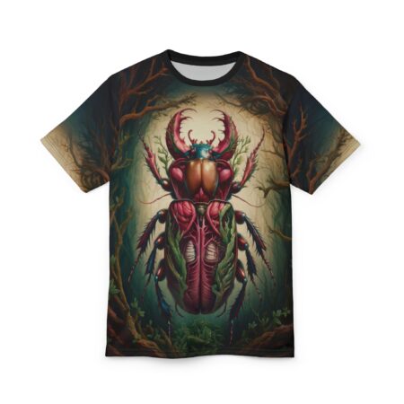 Detailed anatomical beetle graphic on a forest background, all over print sublimation tee featuring a surreal insect design.