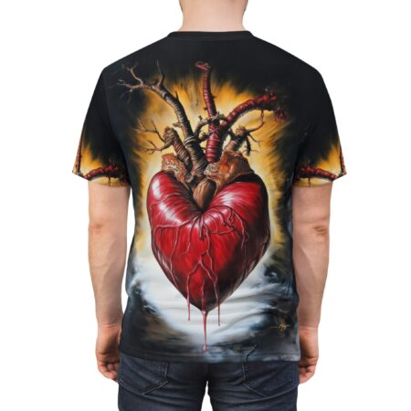 Vivid red, brown, and yellow tones cover this seamless pattern tee, depicting a detailed anatomical heart with branching veins and thorny branches against a dark, fiery background.