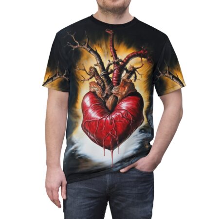 Fiery reds, browns, and dark tones cover this all over print apparel, depicting a detailed anatomical heart entwined with gnarled branches.