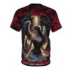 Vibrant red roses and dark branches cover this 3D graphic t-shirt, showcasing a serene angel bathed in light.