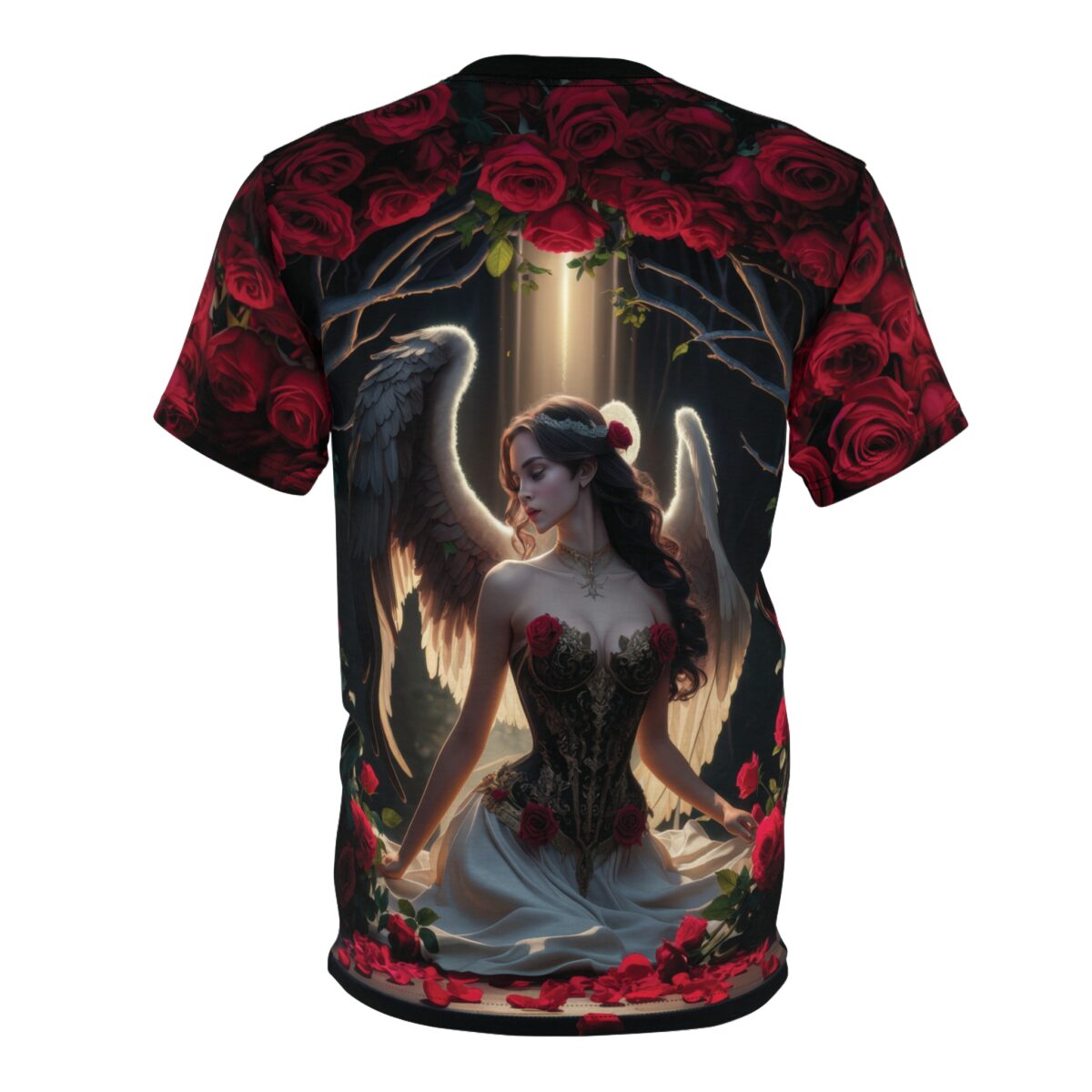 Vibrant red roses and dark branches cover this 3D graphic t-shirt, showcasing a serene angel bathed in light.
