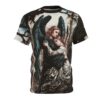 Dark wings and a castle backdrop cover this full print shirt, featuring an angel embracing a woman.