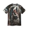 Dark gothic tones and romantic hues cover this sublimation graphic tee, depicting an angel embracing a human before a castle.