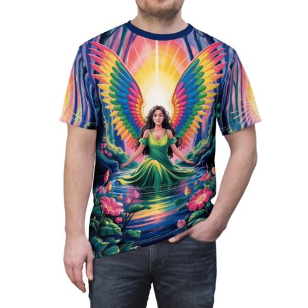 A woman with rainbow wings sits in a river surrounded by flowers and trees, with a bright sunburst behind her. The design is printed on a t-shirt.