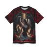 Crimson roses and dark foliage surround an angelic figure with feathered wings, bathed in a soft light.