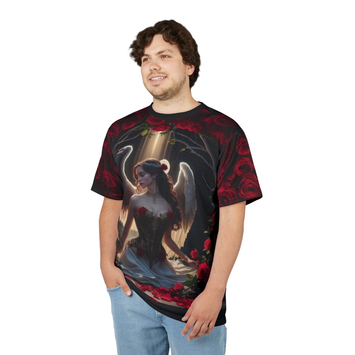 Deep red roses and thorny vines cover this graphic streetwear tee, depicting an angelic figure bathed in light.