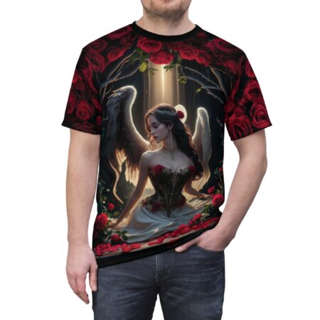 Deep red roses and dark branches frame an angelic figure in a flowing gown and ornate corset, bathed in golden light.