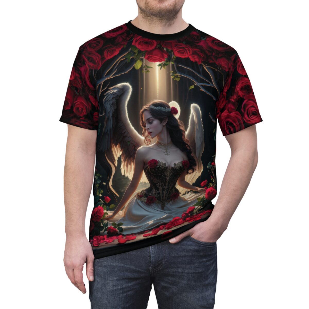 Deep red roses and dark branches frame an angelic figure in a flowing gown and ornate corset, bathed in golden light.