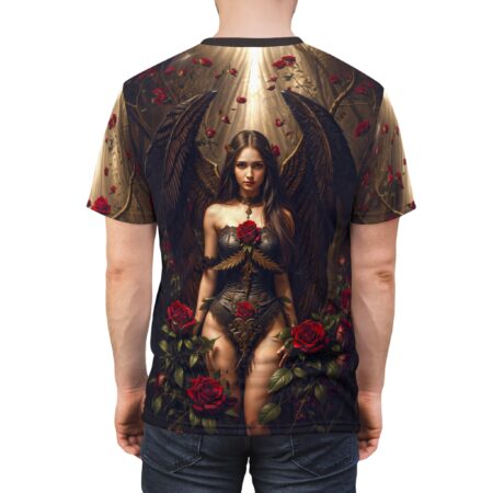 Dark red roses and thorny vines cover this 3D graphic t-shirt, depicting a dark angel with large wings in a forest setting.
