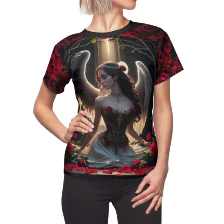 All over print tee, angel graphic, red roses, dark fantasy, celestial wings, vintage gothic