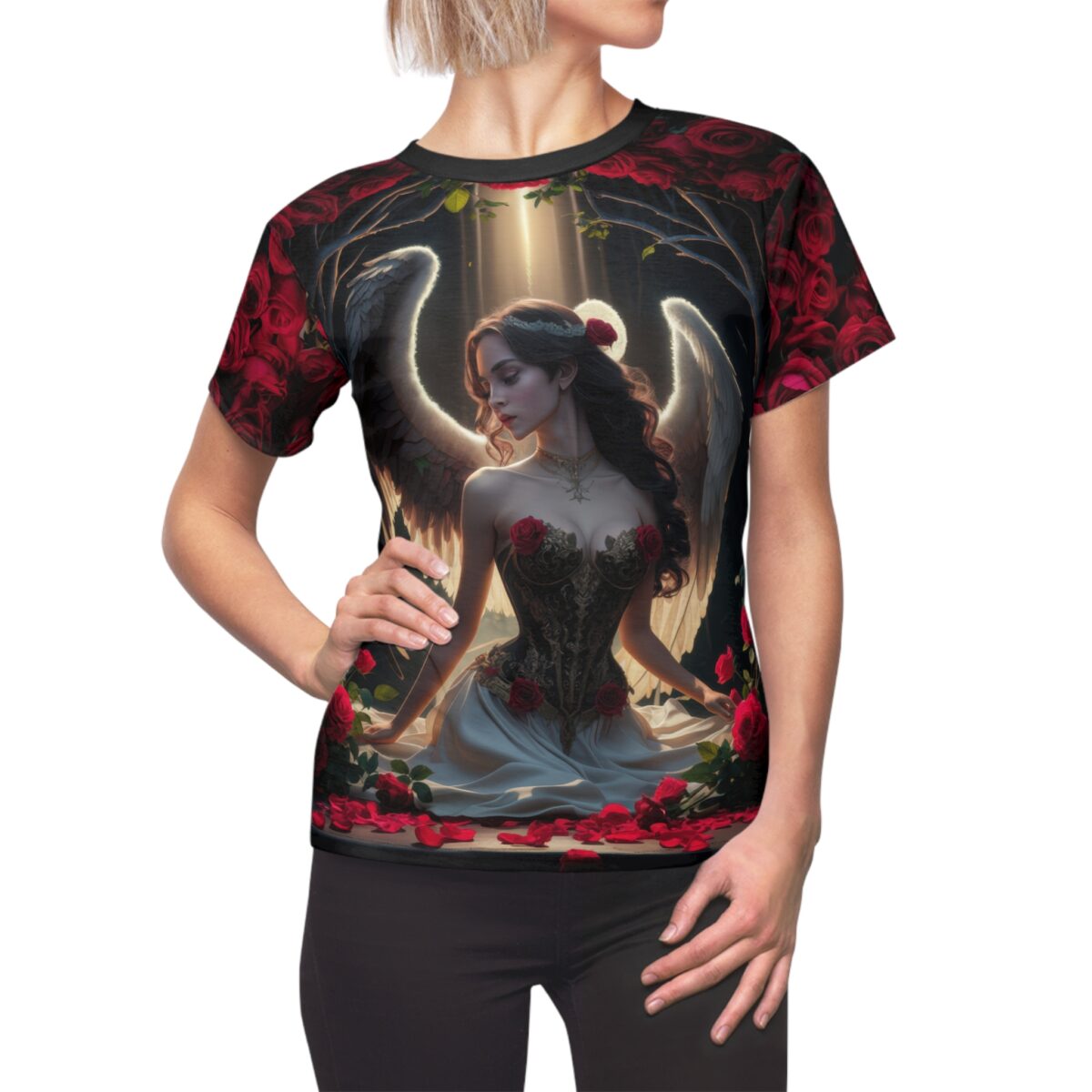 All over print tee, angel graphic, red roses, dark fantasy, celestial wings, vintage gothic
